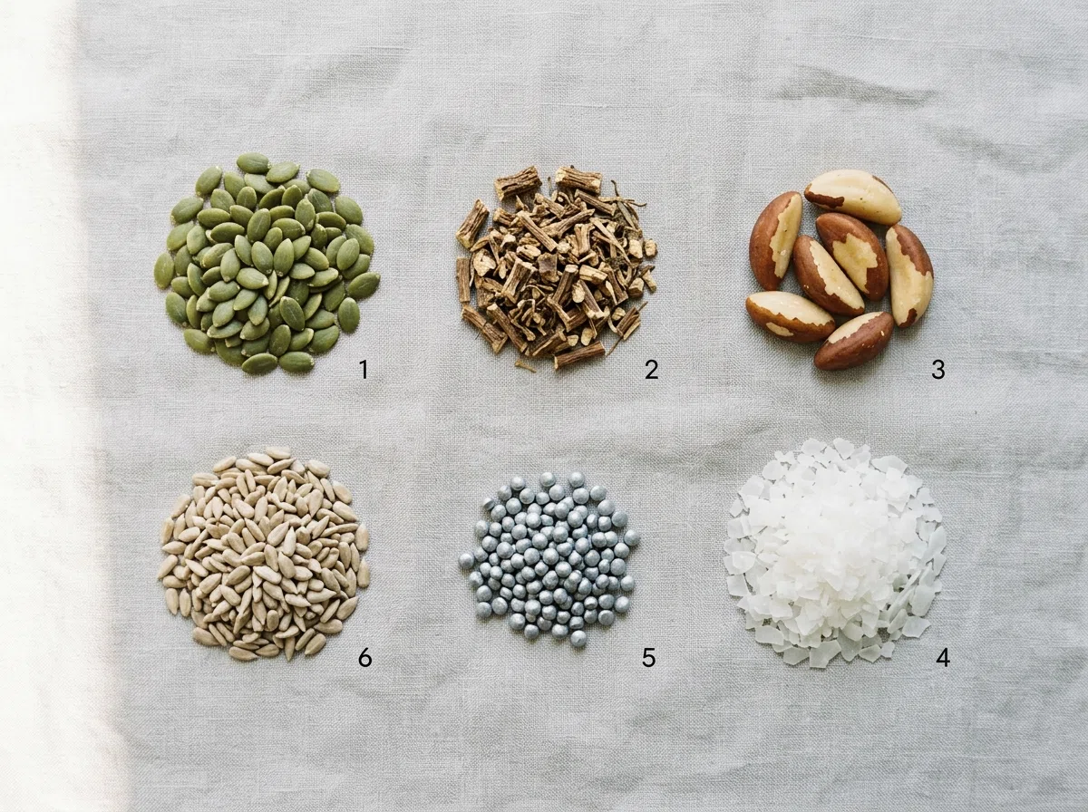 Pompoenzaad, brandnetelwortel, braziliaanse noten en magnesiumvlokken - selenium vitamine E antioxidant supplement ingrediënten van Alpha Drive
